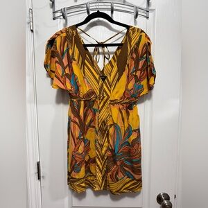 Arden B. Mini Dress S Yellow brown Floral V Neck Cover Up Silk Boho Beachy tunic
